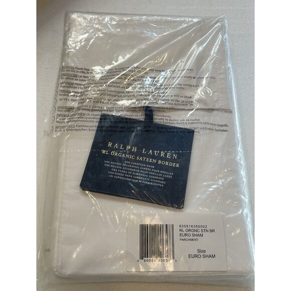 NEW RALPH LAUREN Organic Cotton Sateen Border Euro Sham Studio‎ White Parchment